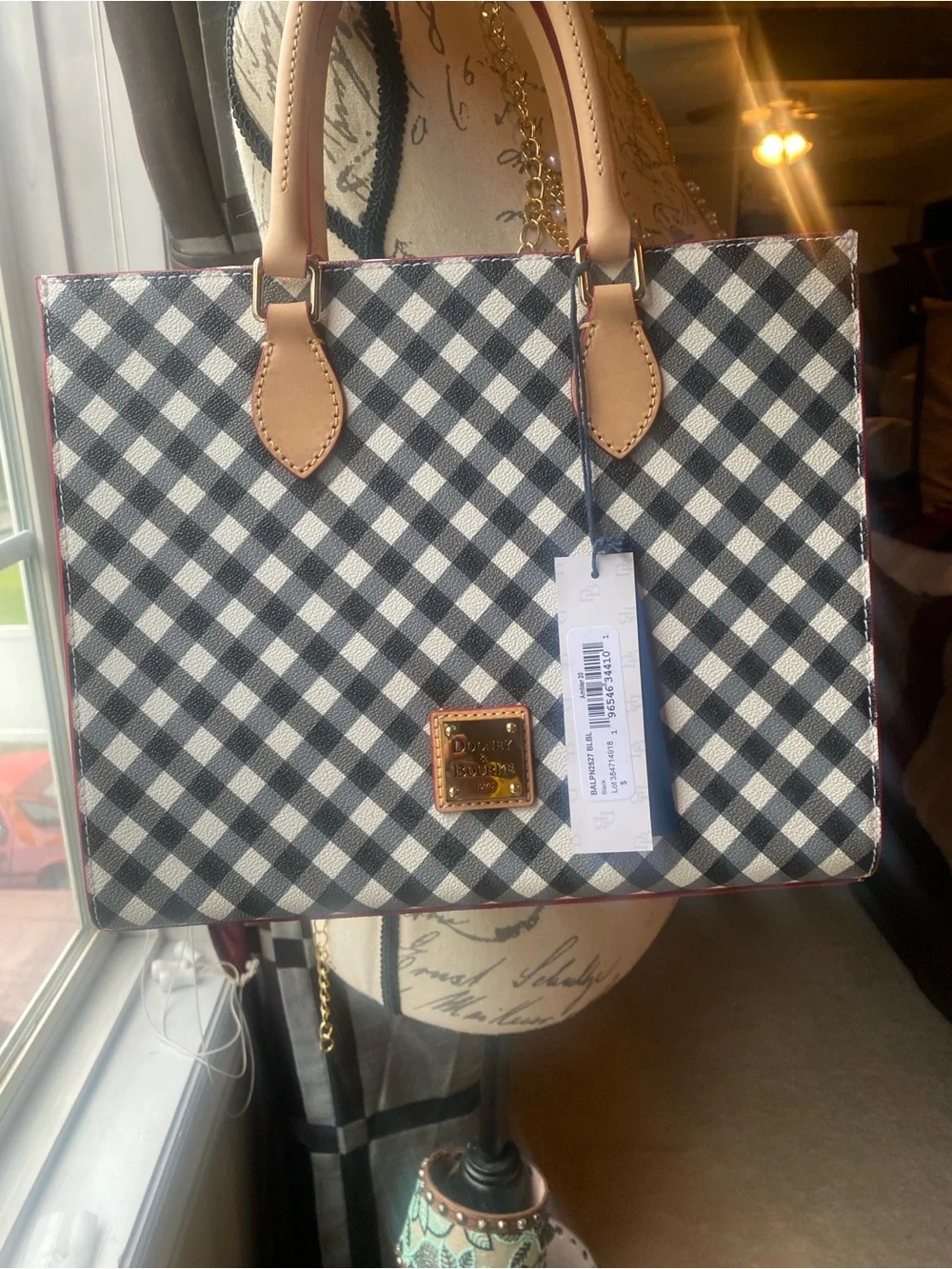 Dooney & Bourke Black and White Gingham Satchel with Tan Trim